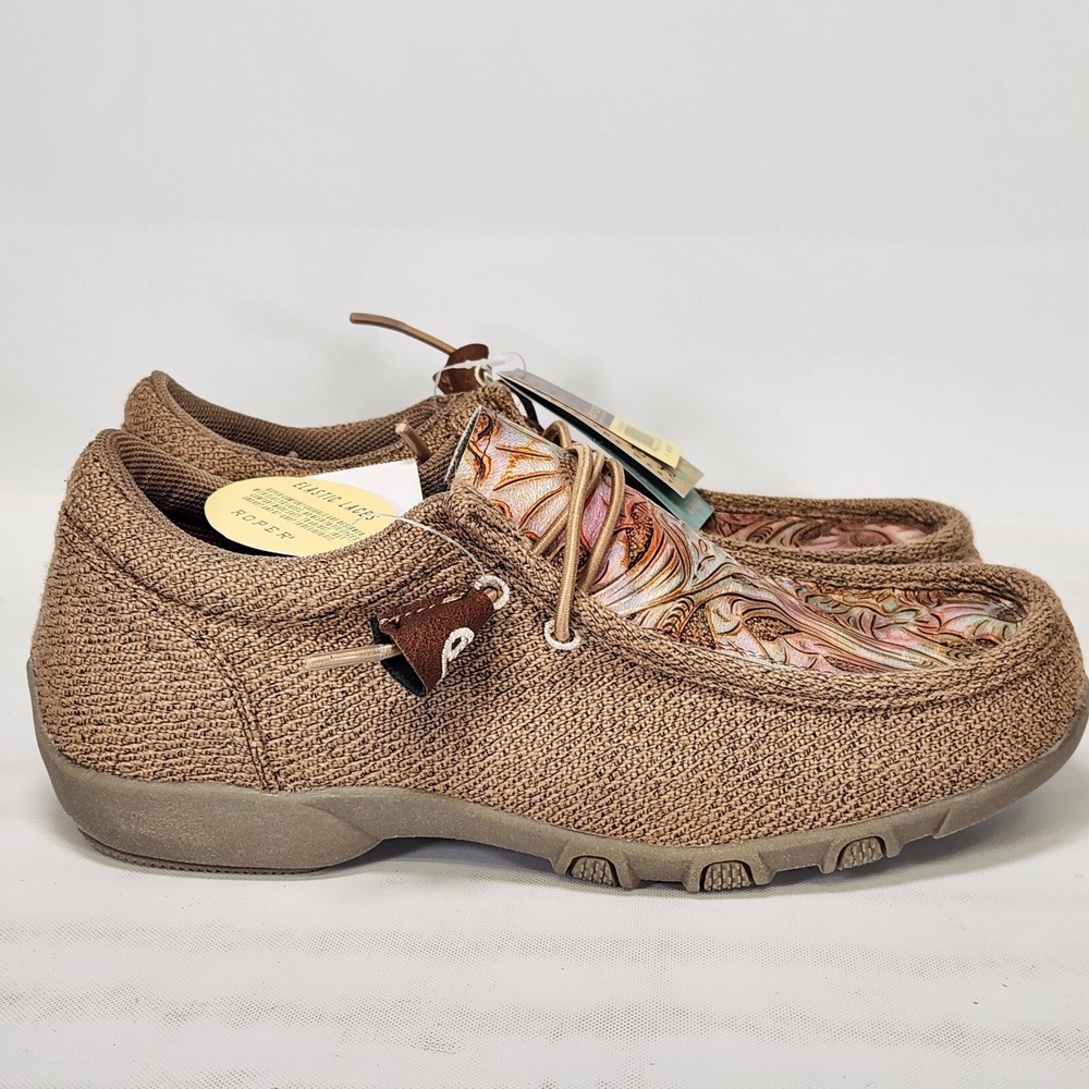 Roper Chillin Driving Moc Women Size 6 Tan Canvas Embossed Floral Chukka
